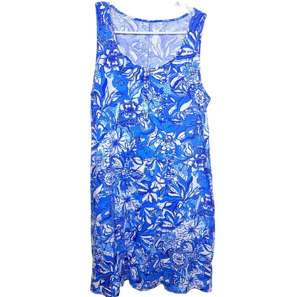 Lilly Pulitzer Lela Henley Tank Dress M Blue Tang Flocking Floral Cotton Shift